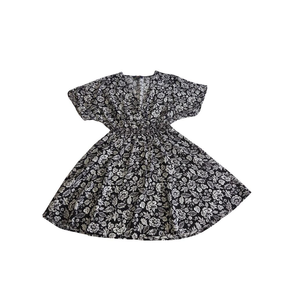 OVS Black & White Floral Boho Dress Flowy Cottagecore V-Neck Mini Dress Large